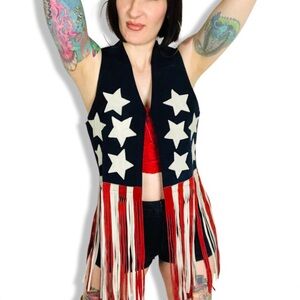 Vintage 60s 70s American Flag Red White Blue Stars & Stripes Suede Fringe Vest